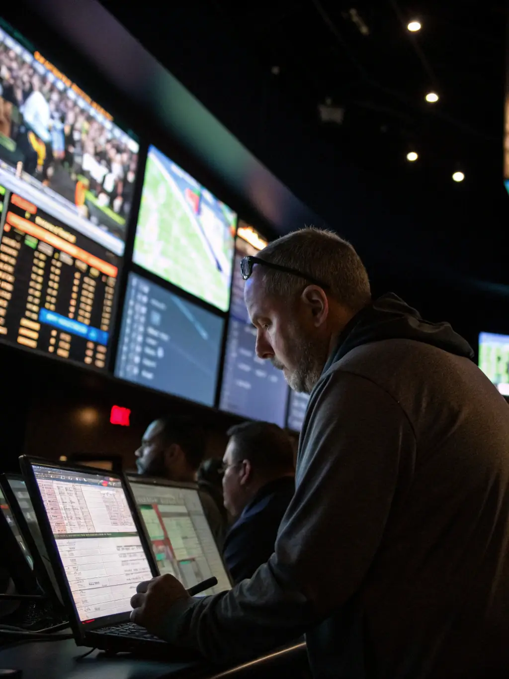 A sleek, holographic interface showing a user interacting with a futuristic sports betting platform.