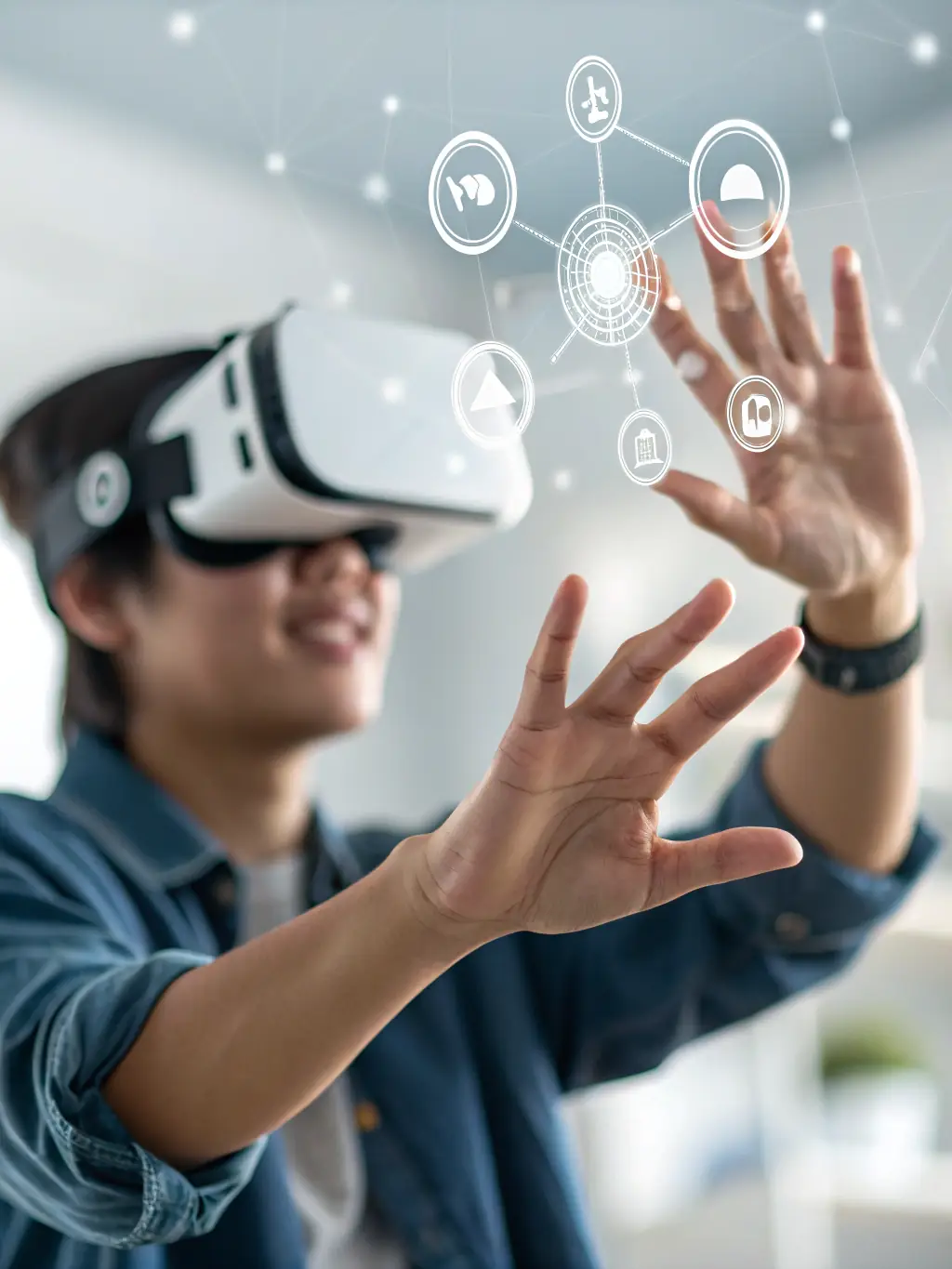 A user wearing VR goggles, fully immersed in a virtual sports arena, placing a bet with hand gestures.