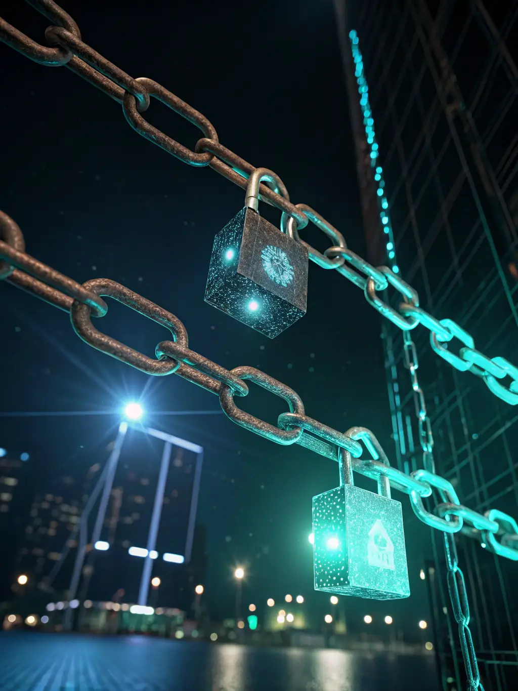 A high-tech graphic depicting a secure blockchain transaction with a sports stadium in the background, symbolizing secure betting.